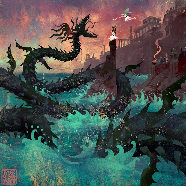 Perseus rescues Andromeda from a vicious sea serpent in this breathtaking Greek mythology artwork. A true moment of heroism and love.