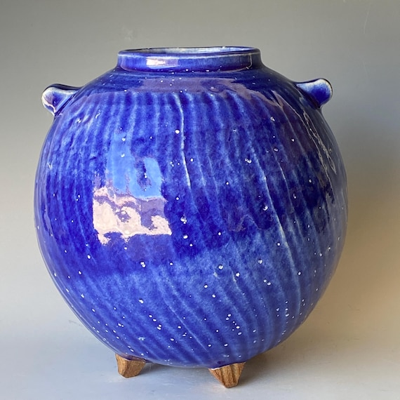 Handmade Textured Blue Ceramic Vase, 4-Legged Pottery