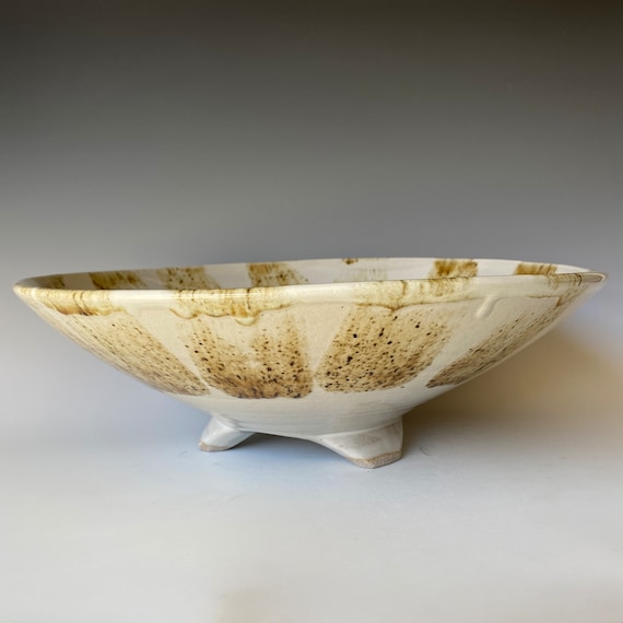 Handmade Tripod Ceramic Bowl: Large Shallow Serving Dish