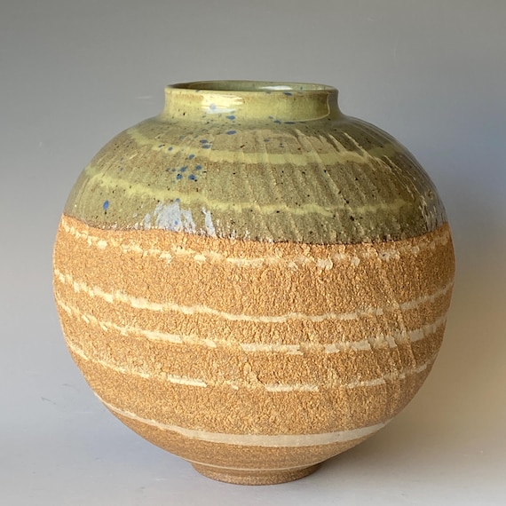 Handmade Textured Ceramic Vase, Unglazed Bottom half, Earth Tones (8.5" H x 8.5" W)