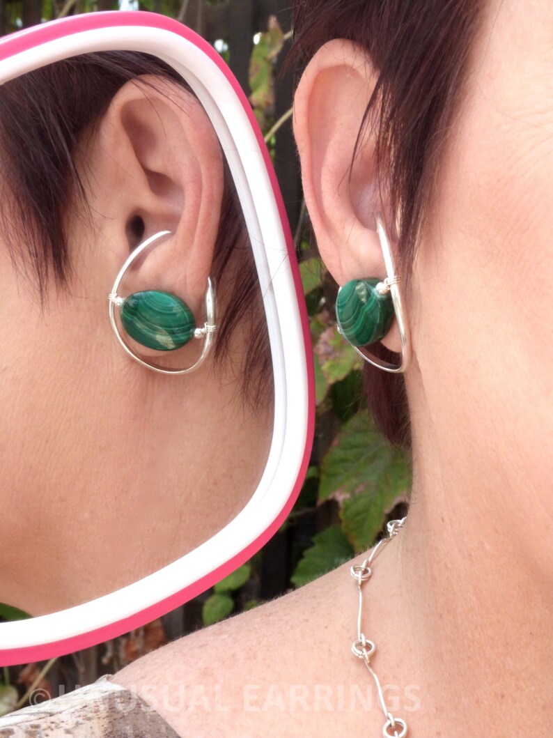clip on comfortable Illuzio Unusual Earrings deep green non-pierced Malachite ear cuff ear wrap Sterling Silver unpierced earrings