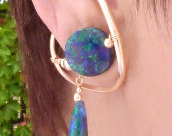 Gold Filled unpierced earrings, non-pierced earrings, ear cuff, azurite malachite , clip on earring, comfortable earring, blue and green