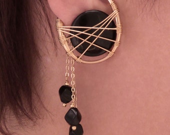 Gold Filled unpierced earrings, non-pierced earrings, black onyx ear cuff, ear wrap, clip on earring, comfortable earring, black earrings