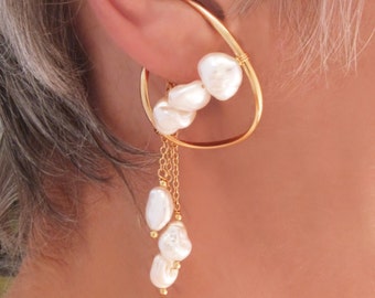 Gold Filled unpierced earrings, pearl non-pierced earrings, baroque pearl ear cuff, ear wrap, clip on earring, comfortable earring, Illuzio