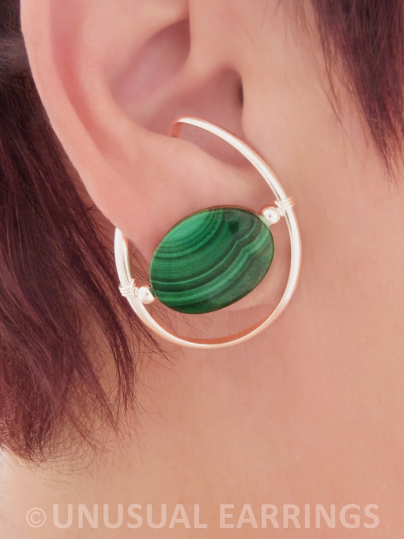clip on comfortable Illuzio Unusual Earrings deep green non-pierced Malachite ear cuff ear wrap Sterling Silver unpierced earrings