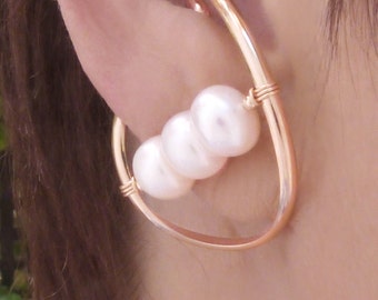 Gold Filled unpierced earrings, non-pierced earrings, ear cuff, large pearl wrap, clip on earring, comfortable earring, clipless earrings