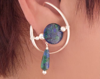 Sterling Silver unpierced earrings, non-pierced earrings, ear cuff, azurite malachite , clip on earring, comfortable earring, blue and green