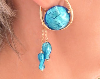 Gold Filled non-pierced, unpierced earrings, turquoise venetian glass dangle ear cuff, ear wrap, clip on comfortable Illuzio Unusual Earring