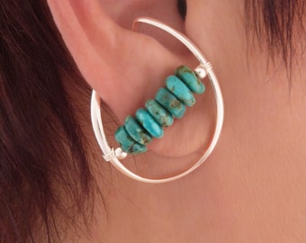 non-pierced earrings, unpierced Sterling Silver, turquoise ear cuff, ear wrap, clip on comfortable Illuzio Unusual Earrings South West