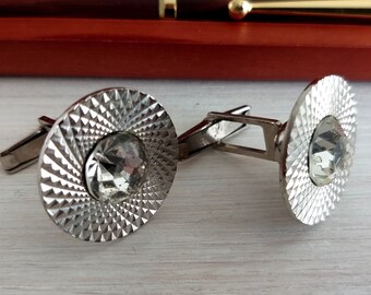 Round Diamond Cut Cuff Links, Vintage Clear Glass Crystal Cuff Links 70s