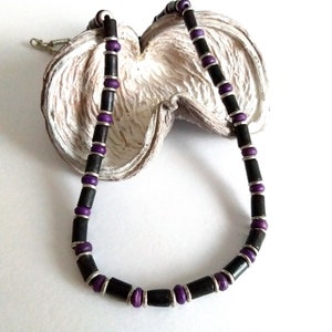 Men&#39;s Wooden Beaded Necklace, Black and Lilac Wood Bead Chocker