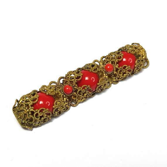 Filigree bar brooch with red glass paste stones v… - image 3