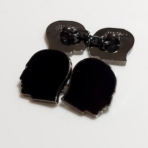 Signed Jean Paul Gaultier chain link cufflinks, Designer black enamel man's face cuff links, Kokorico man face cufflinks