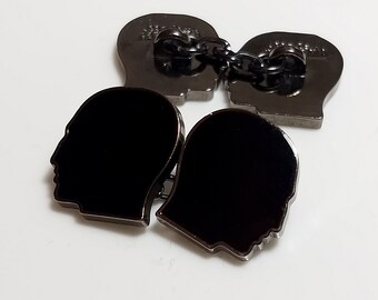Signed Jean Paul Gaultier chain link cufflinks, Designer black enamel man&#39;s face cuff links, Kokorico man face cufflinks