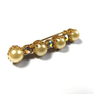 Faux pearl and AB rhinestone bar brooch, rare pearl and Aurora Borealis bar brooch, Vintage gold tone glass pearl brooch 30s-50s