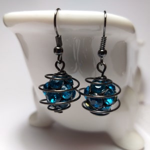 Blue rhinestone dangle drop ball earrings vintage