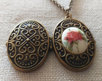 Brass Locket Necklace Shell Locket Pendant Filigree Floral Medallion Vintage
