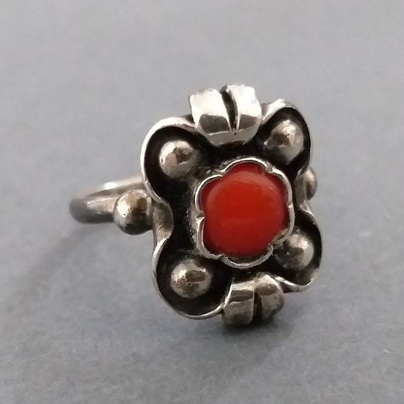 Silver 835 ring with red coral, vintage, handmade… - image 1