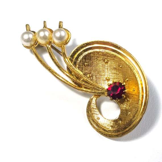 Faux pearl brooch, red rhinestone brooch, artist'… - image 2