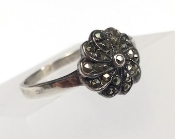 Bague ronde en argent avec marcassite, vintage, taille 6,75