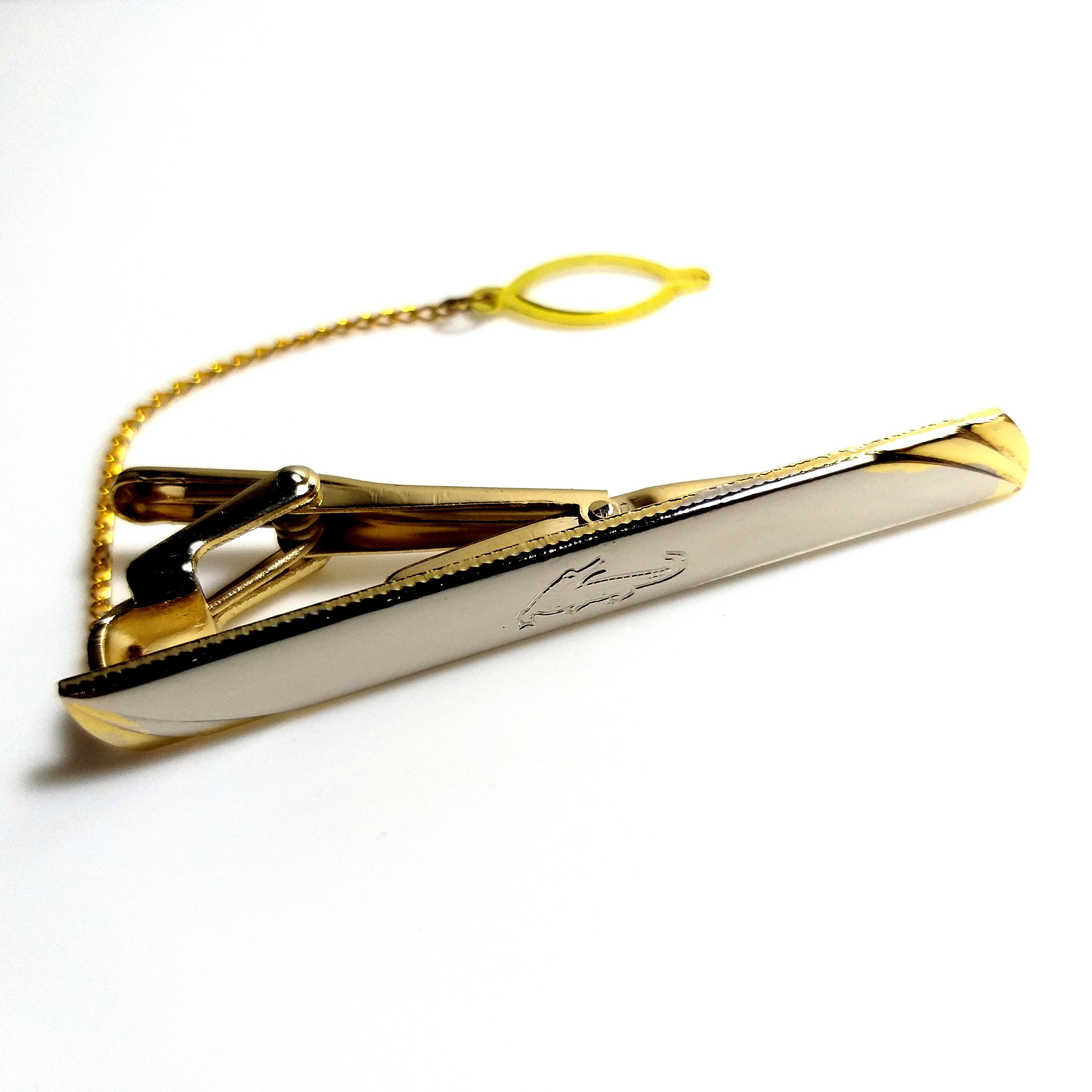 Tie Clip With Engraved Crocodile Vintage With Safety Chain