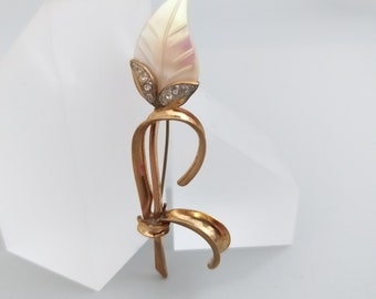 Broche Ancienne Grande Feuille En Nacre Taillée Relief - Bijou Vintage N°547 - Occasion