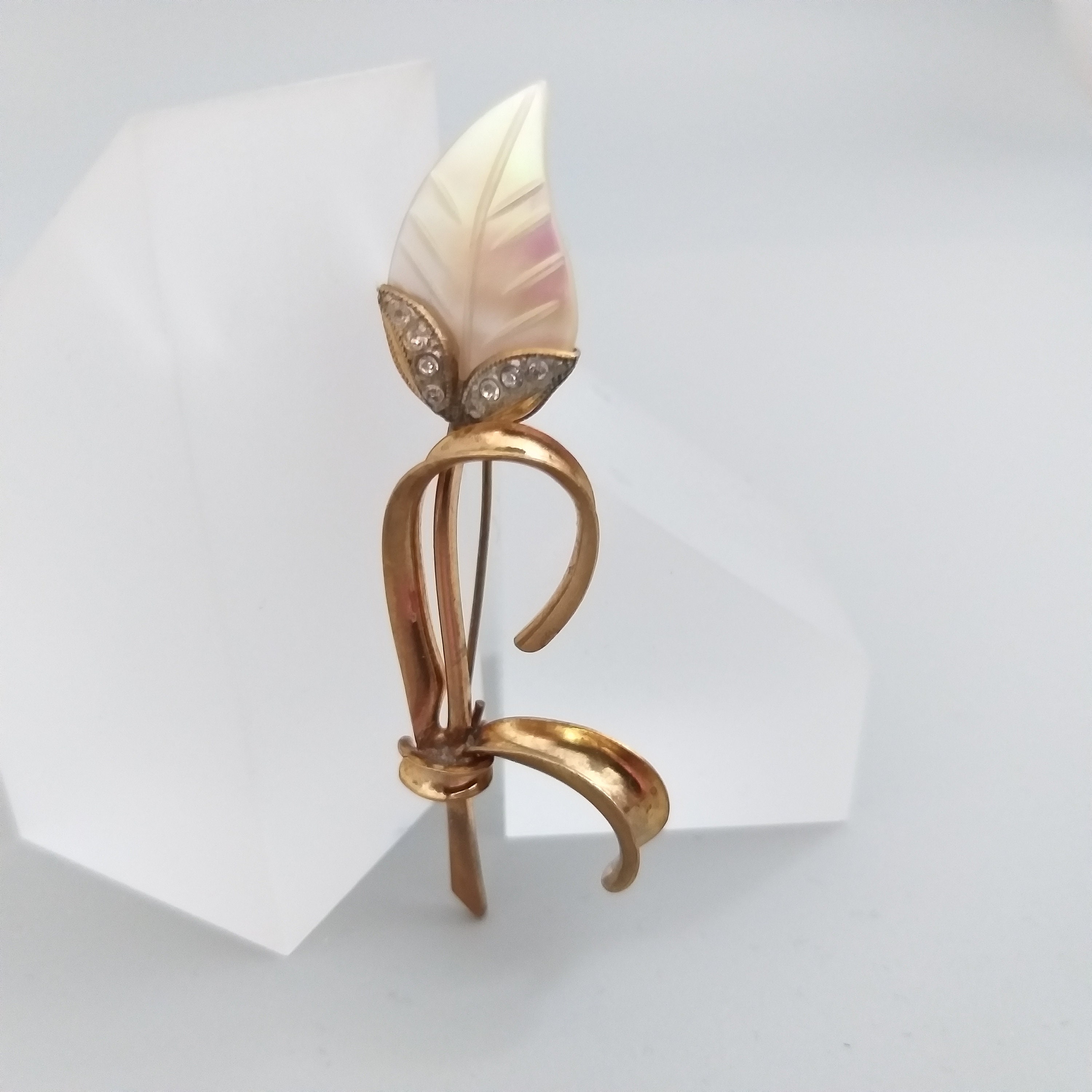 Grande Broche Ancienne En Nacre Sculptée En Relief - Motif Feuille - Bijou Vintage - Occasion