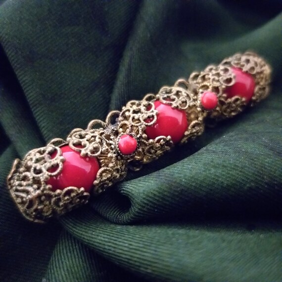 Filigree bar brooch with red glass paste stones v… - image 8