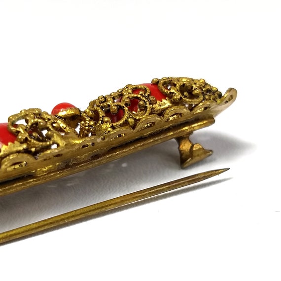 Filigree bar brooch with red glass paste stones v… - image 6