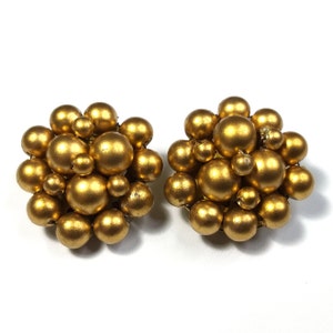 Gold Tone Beads Cluster Clip On Earrings Signed Hong Kong Vintage 50s