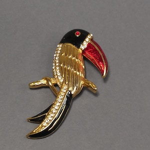 Large Enamel Toucan Bird Brooch, Vintage Red Black Enamel Gold Tone Tropical Bird Brooch