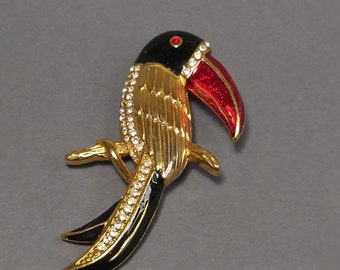 Broche Vintage Toucan En Métal Doré Laqué - Pièce Ancienne à Oxydes