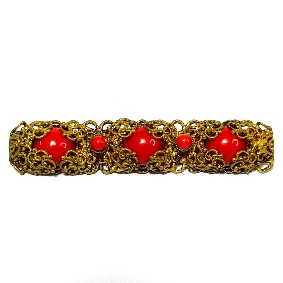 Filigree bar brooch with red glass paste stones v… - image 4
