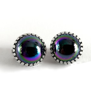 Round Dome Iridescent Glass Clip On Earrings Vintage 70s