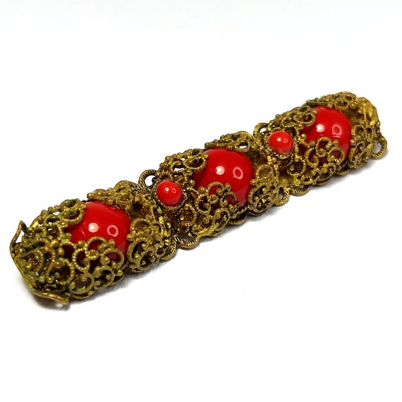 Filigree bar brooch with red glass paste stones v… - image 1