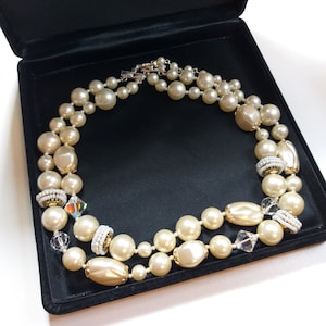 Faux creme pearl multi-strand necklace with Aurora Borealis beads, vintage two strand glass beads necklace 50s 60s Japan marked