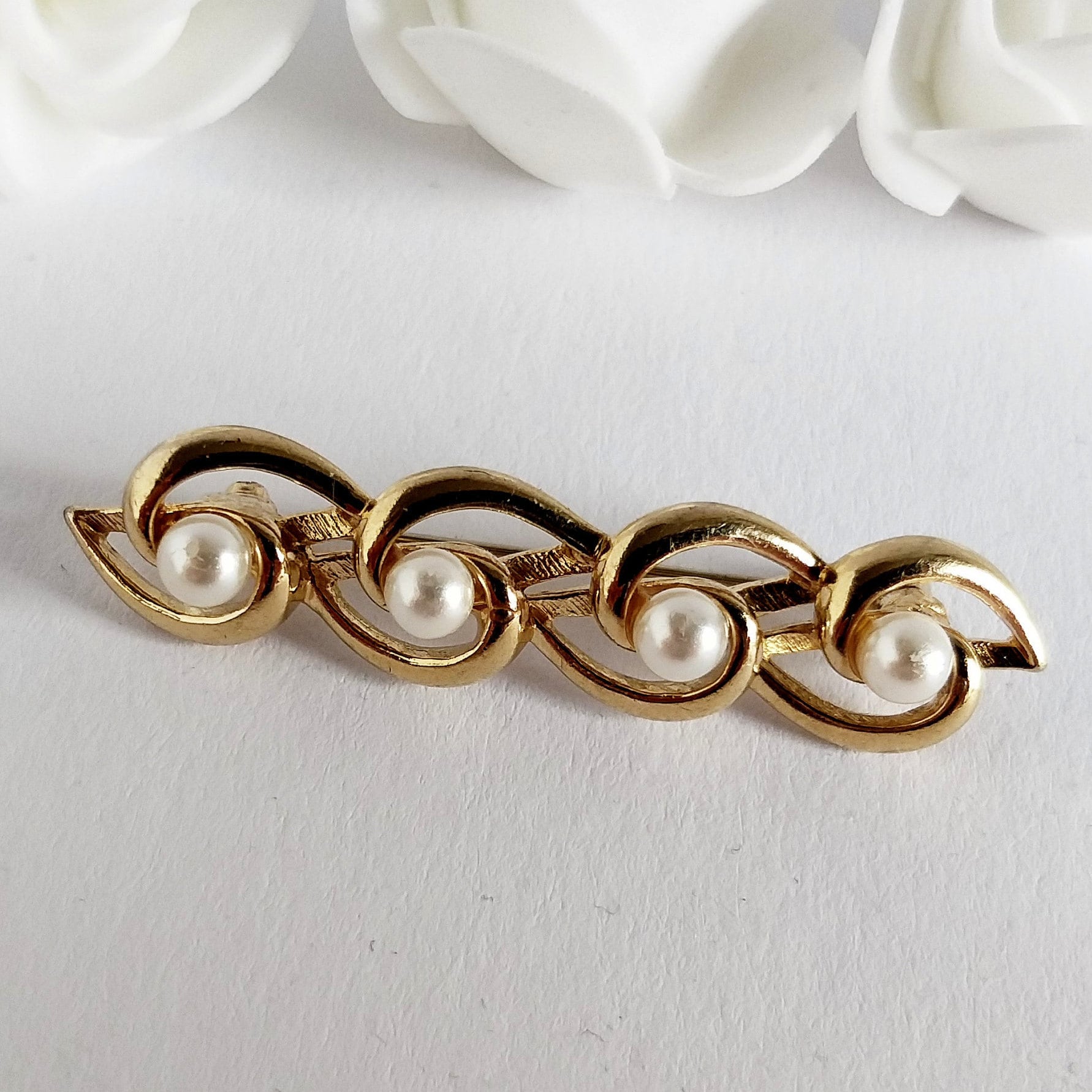 Faux Pearl Bar Brooch Vintage Gold Tone Etsy