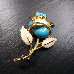 Rose Flower Brooch Blue Enamel and Gold