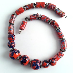 Vintage Murano Millefiori Glass Bead Necklace – Colorful Italian Art Glass Jewelry, Red & Blue Beaded Necklace