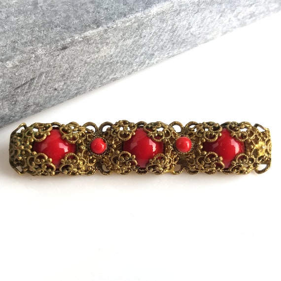 Filigree bar brooch with red glass paste stones v… - image 5