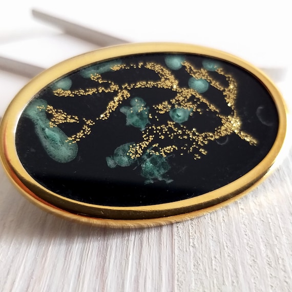 Oval Black Hand Painted Brooch UHLIG Vintage Etsy Australia