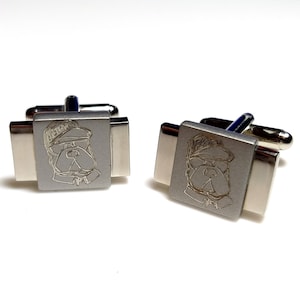 Vintage Silver Tone Cuff Links with Engraved Dog Bulldog wearing Glasses and Baseball Cap
