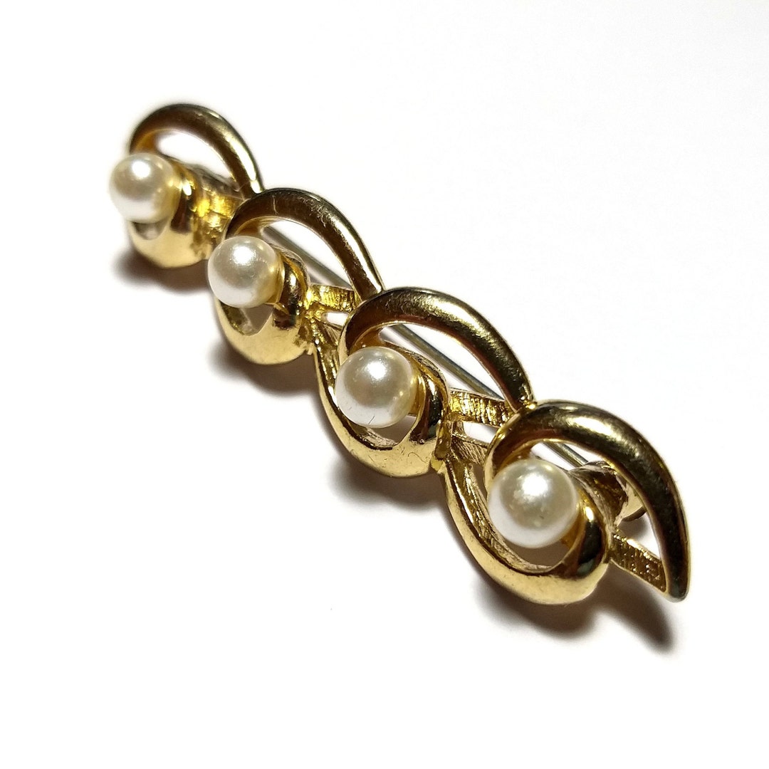 Faux Pearl Bar Brooch Vintage Gold Tone Etsy