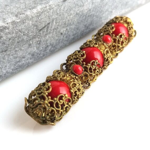 Filigree bar brooch with red glass paste stones v… - image 2