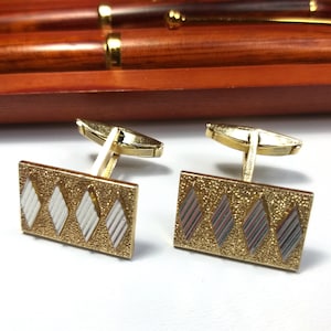 Rectangular gold tone cuff links vintage 60s 70s with silver rhombus elements