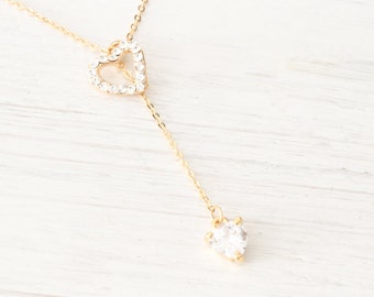 Dainty Rose Gold Lariat Y Necklace Heart Rhinestone Crystals, Heart Charm, Gift for her. Christmas Gift, Best friend