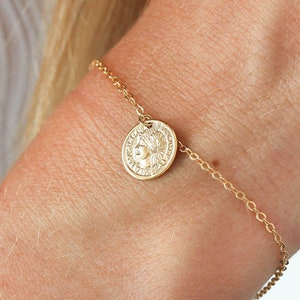 French Coin Charm Bracelet, Stainless Steel, Boho Bohemian Custom Dainty Gold Hand Chain Bracelet Coin Jewelry Gift For Her Mom Grandma