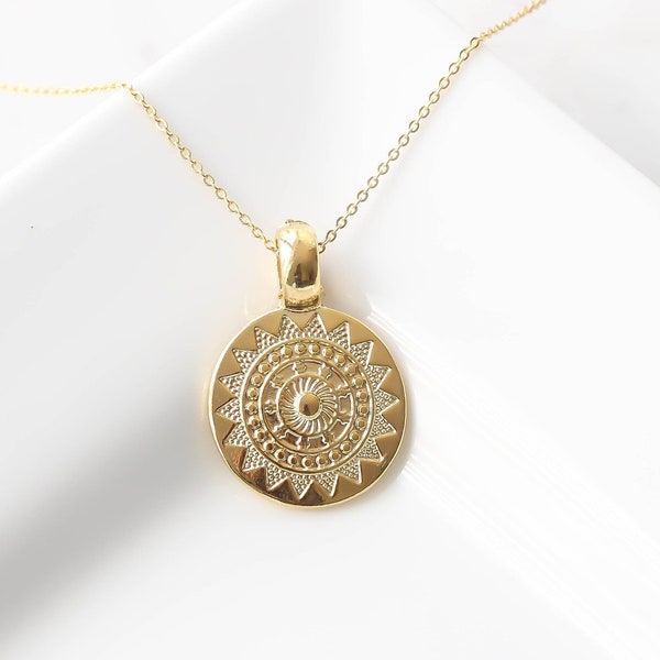 Collier de pièce d'or. Collier Boho Boho Ethnic Gift For Her Medallion Disc Layering bijoux aztèques vintage Talisman minimaliste