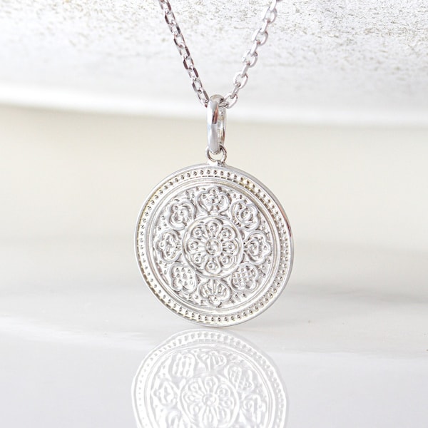 Sterling Silver Mandala Necklace. Dainty Flower necklace Minimalist Filigree pendant Layering necklace Boho necklace Gift for her