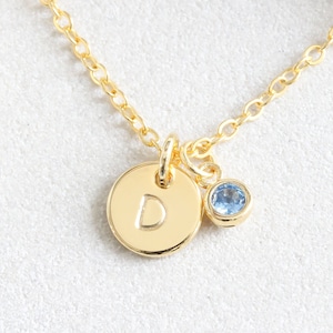 Tiny Gold Dot initial hand Stamped Disc Birthstone Necklace, Bridesmaids Letter Necklace Small Minimalist Necklace Jewelry image 1